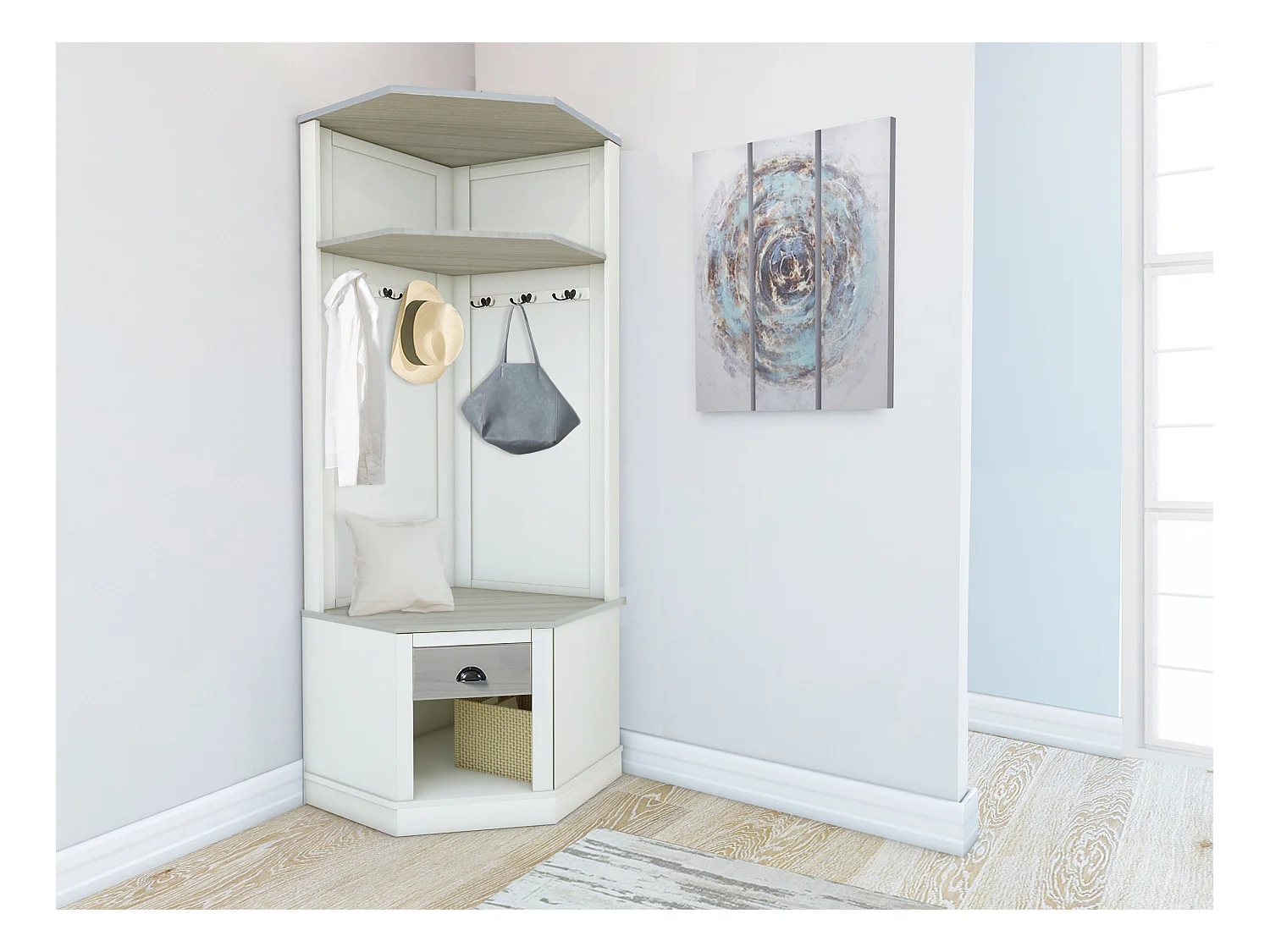 Toby | Armoire compacte en bois de pin de couleur blanc gris