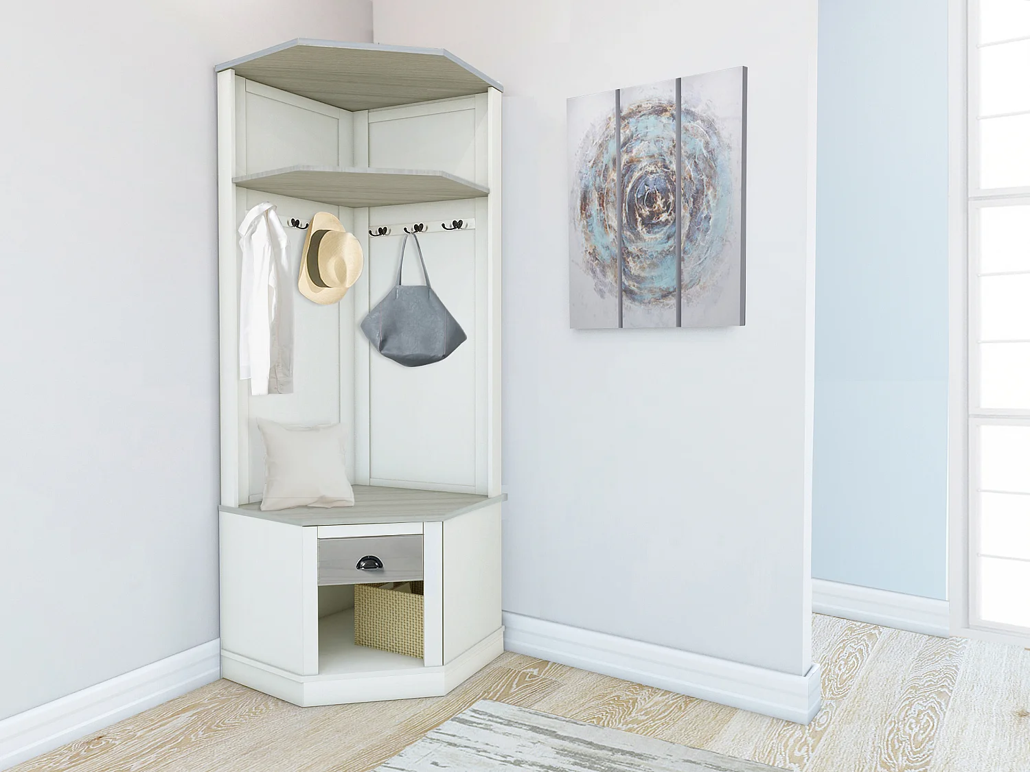 Toby | Armoire compacte en bois de pin de couleur blanc gris