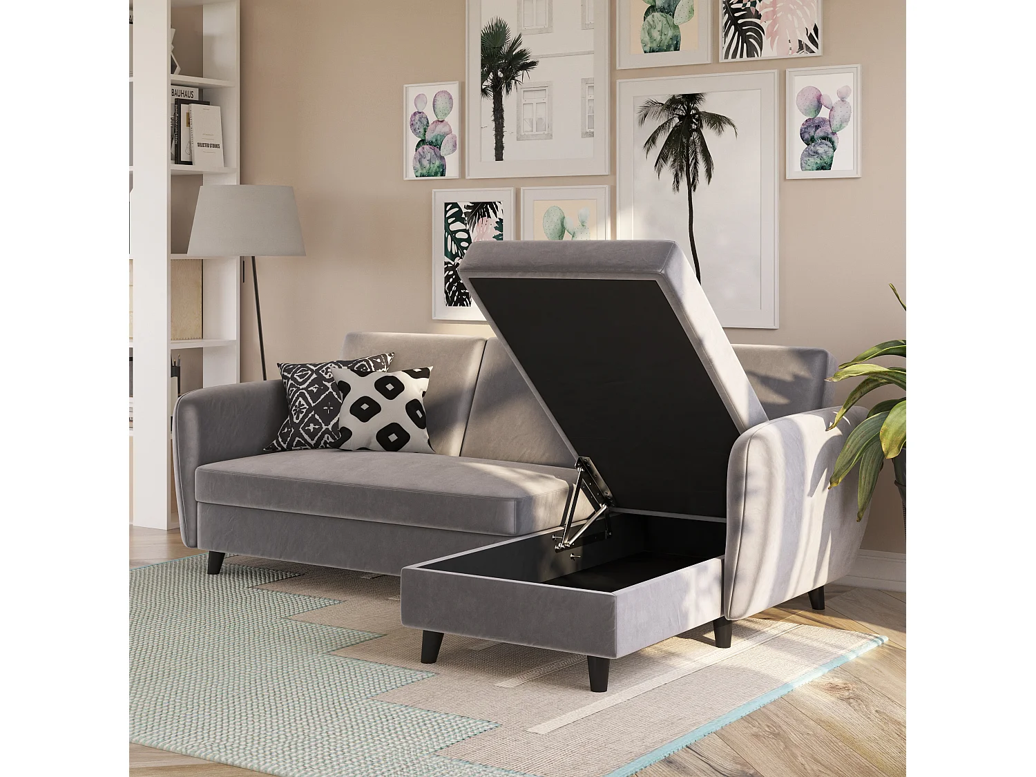 Perry|Canapé-lit 3 places avec rangement en velours gris