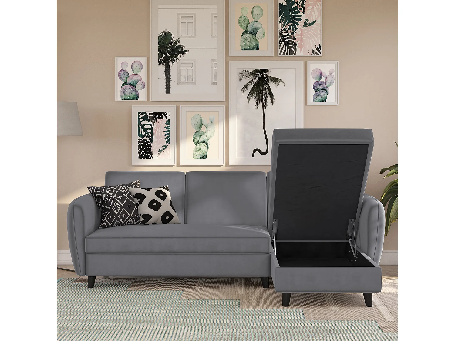 Perry|Canapé-lit 3 places avec rangement en velours gris