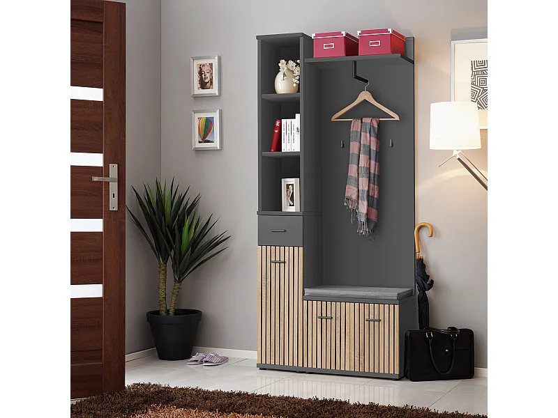 Mobile ingresso appendiabiti moderno 90x203 antracite, rovere e stampa a strisce nere IP21