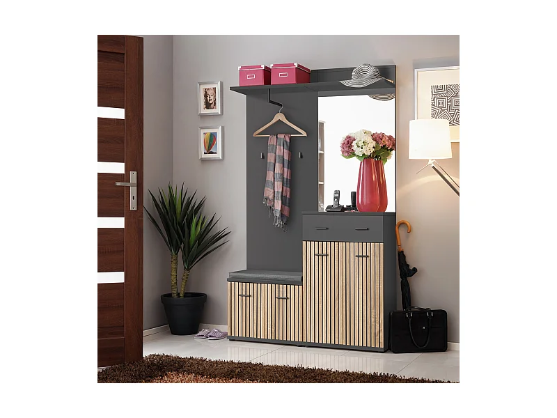 Mobile per ingresso guardaroba moderno 120x203 antracite, rovere e stampa a strisce nere IP22