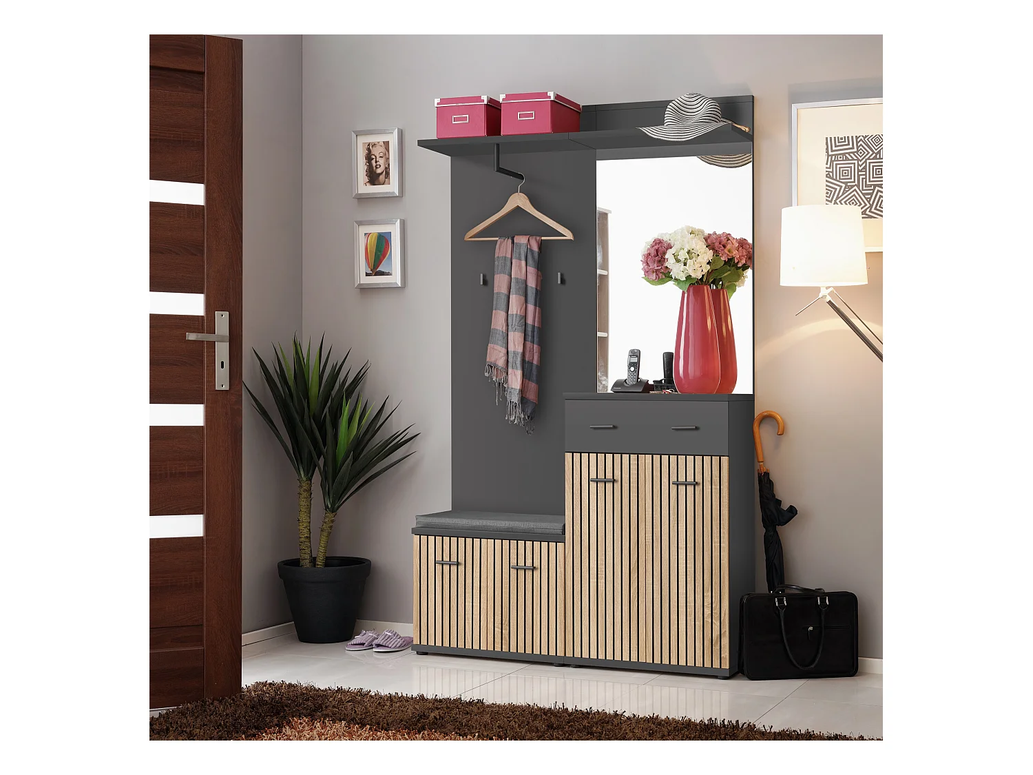 Mobile per ingresso guardaroba moderno 120x203 antracite, rovere e stampa a strisce nere IP22