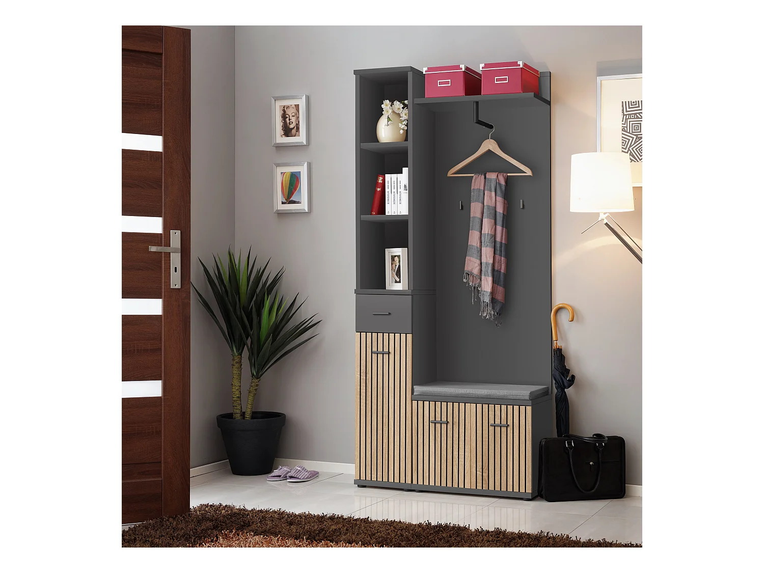 Mobile ingresso appendiabiti moderno con cuscino 90x203 antracite, rovere e stampa a strisce nere IP21