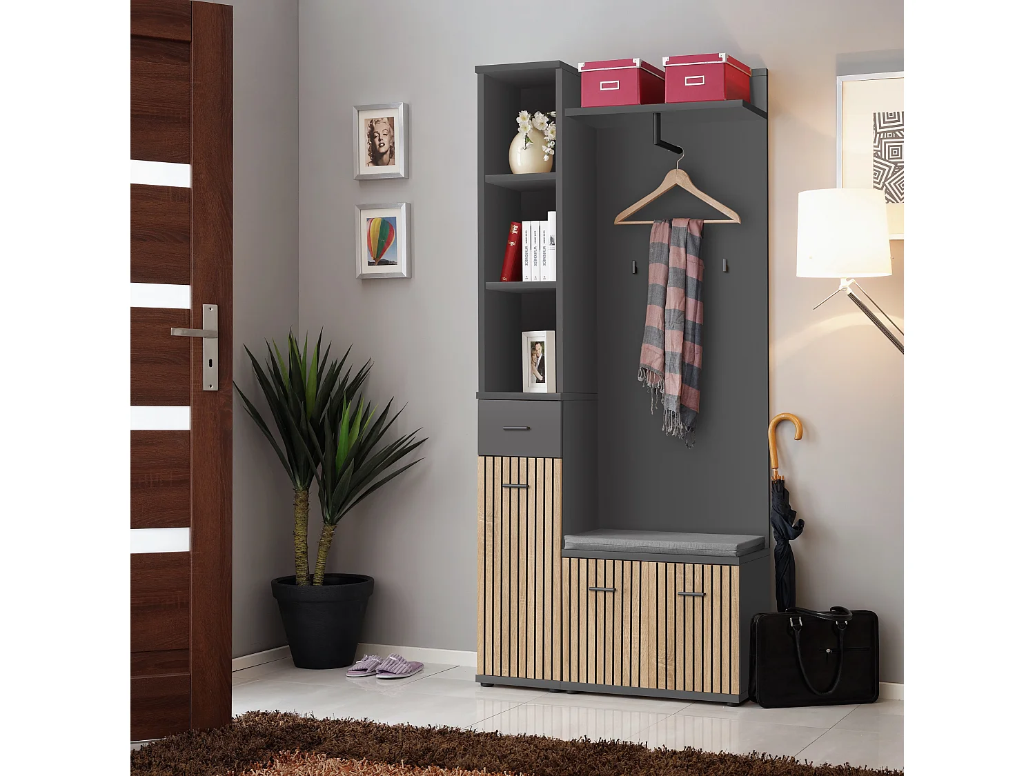 Mobile ingresso appendiabiti moderno con cuscino 90x203 antracite, rovere e stampa a strisce nere IP21