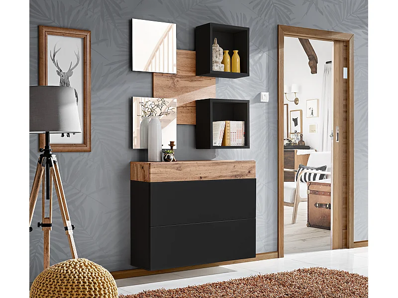 Mobile ingresso 100x190cm sospeso con pensile a due ante e specchi design moderno rovere e nero IP5