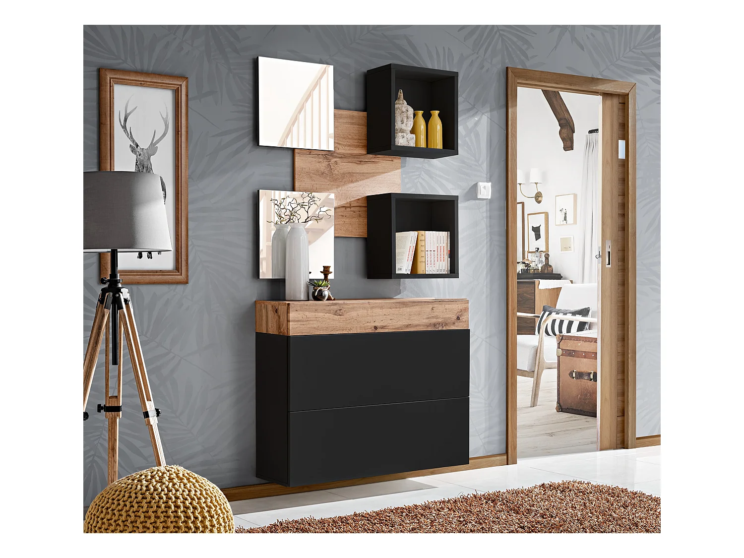 Mobile ingresso 100x190cm sospeso con pensile a due ante e specchi design moderno rovere e nero IP5