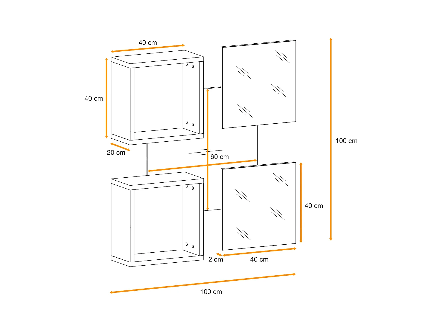 Mobile ingresso 100x190cm sospeso con pensile a due ante e specchi design moderno rovere e nero IP5