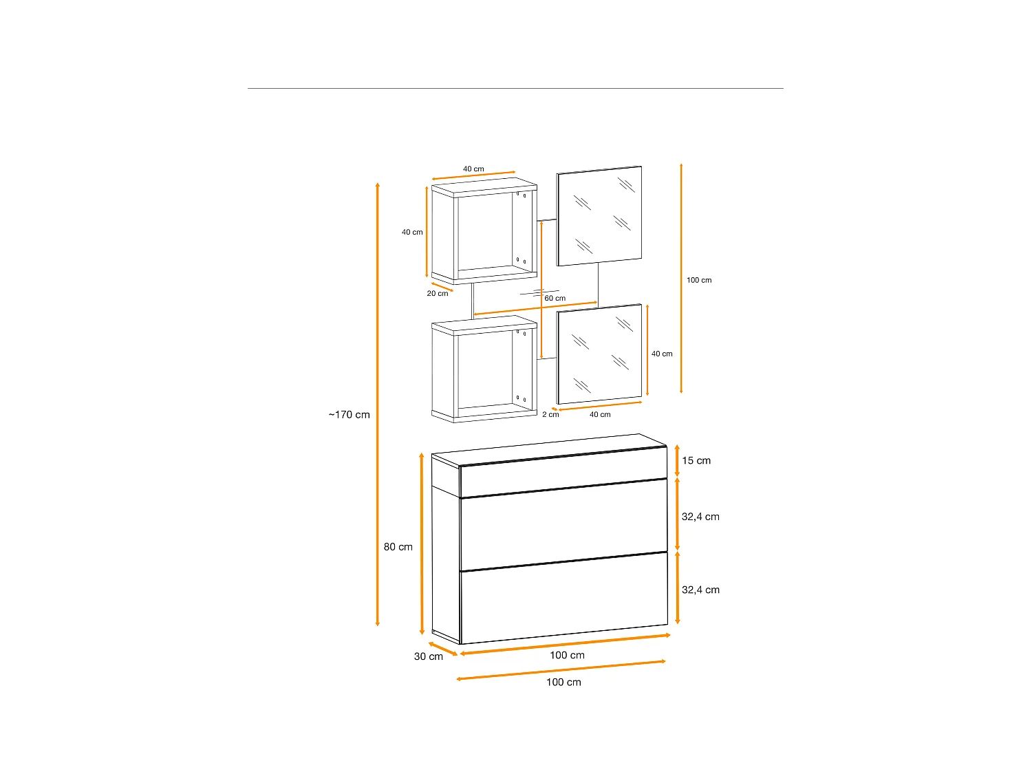Mobile ingresso 100x190cm sospeso con pensile a due ante e specchi design moderno rovere e nero IP5