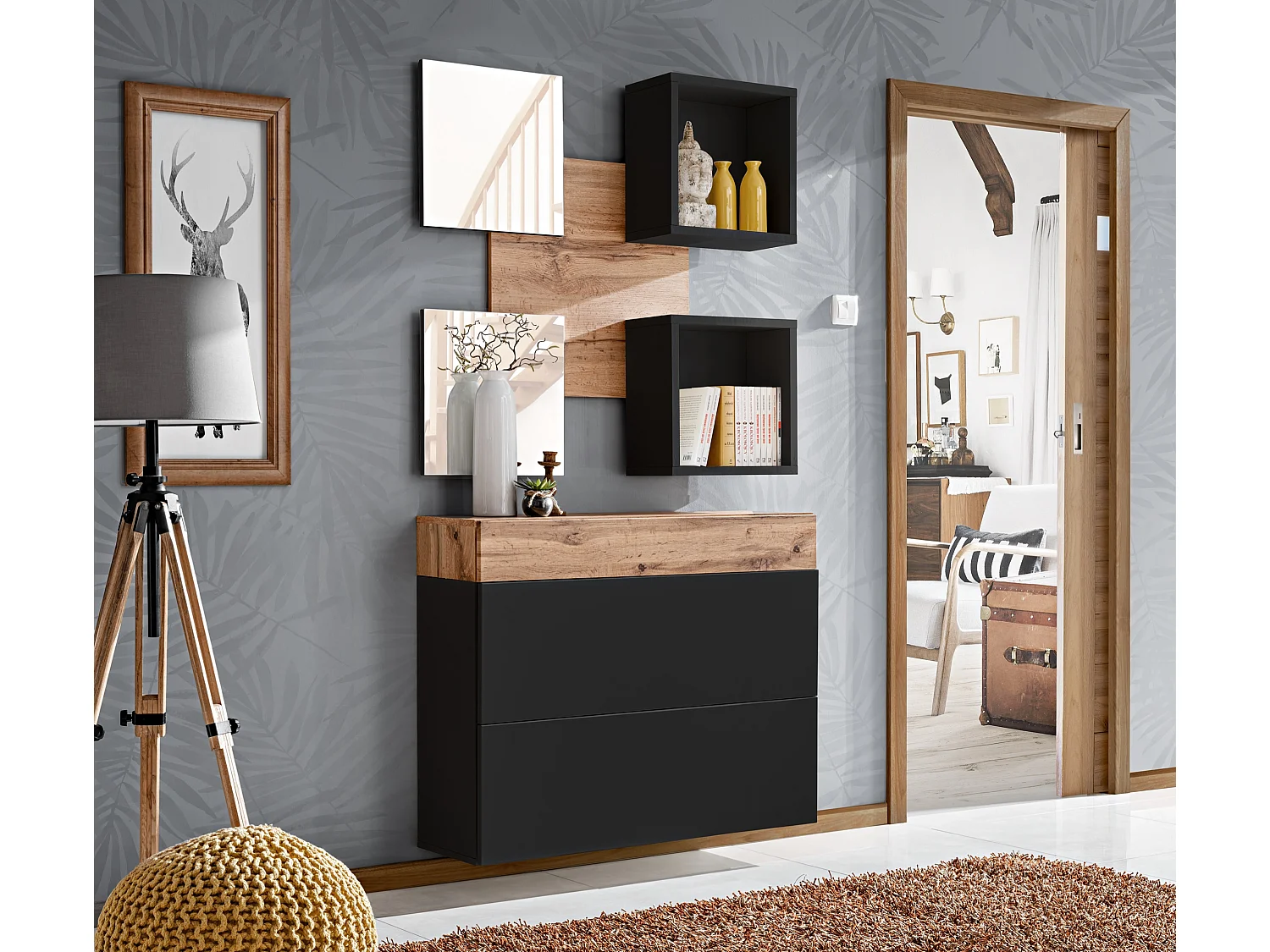 Mobile ingresso 100x190cm sospeso con pensile a due ante e specchi design moderno rovere e nero IP5