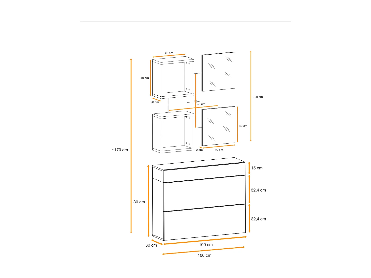Mobile ingresso 100x190cm sospeso con pensile a due ante e specchi design moderno rovere e nero IP5