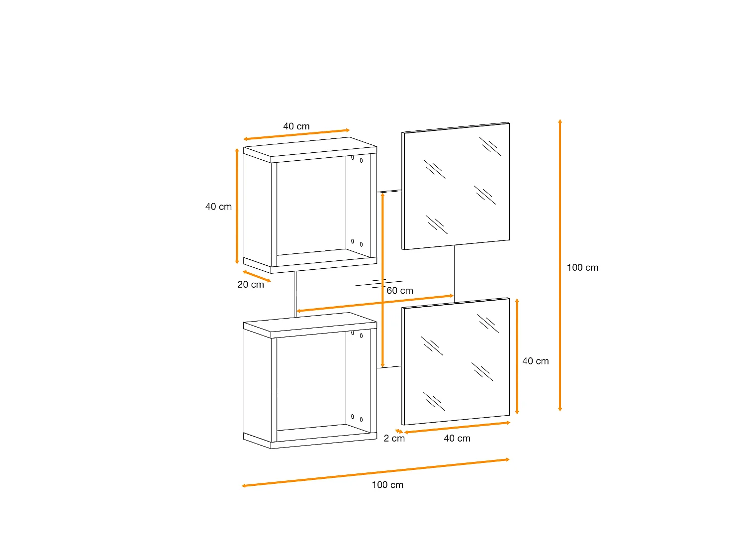 Mobile ingresso 100x190cm sospeso con pensile a due ante e specchi design moderno rovere e nero IP5
