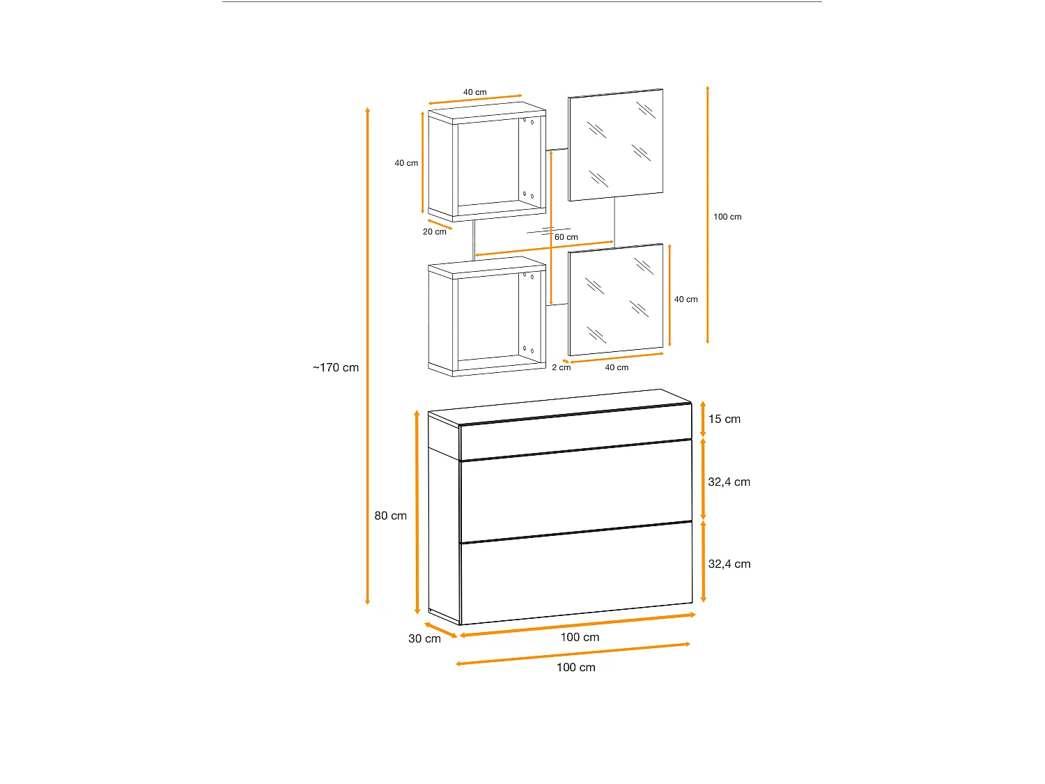 Mobile ingresso 100x190cm sospeso con pensile a due ante e specchi design moderno rovere e nero IP5