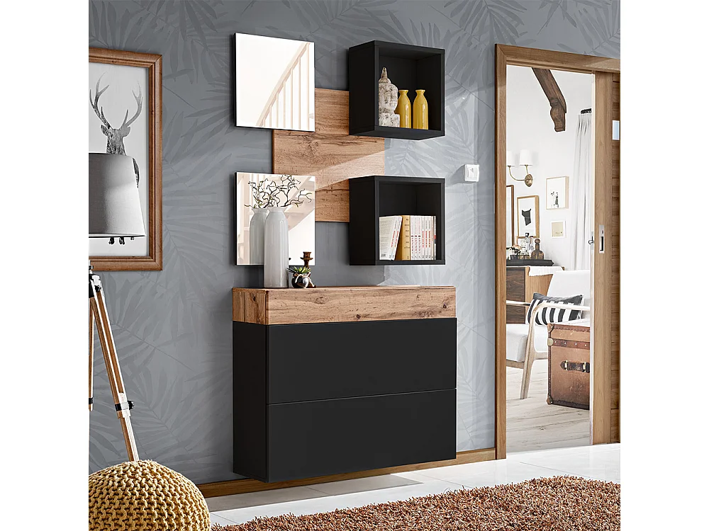 Mobile ingresso 100x190cm sospeso con pensile a due ante e specchi design moderno rovere e nero IP5