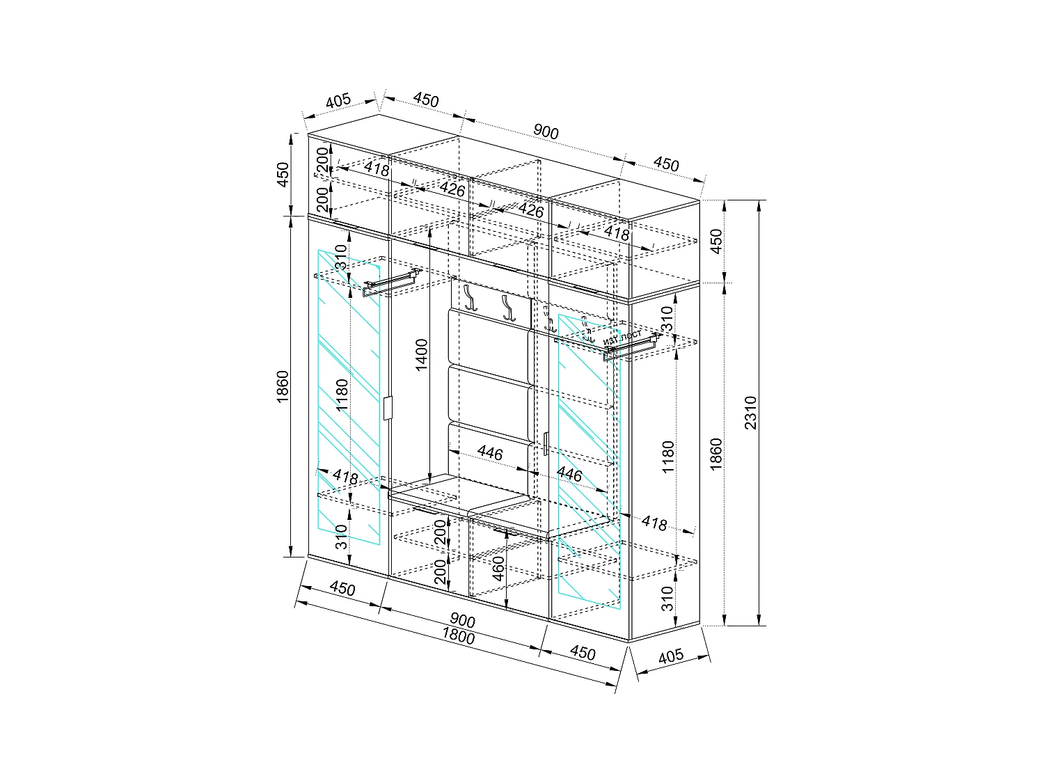 Mobile per ingresso moderno con specchi 180x23 antracite e rovere II17