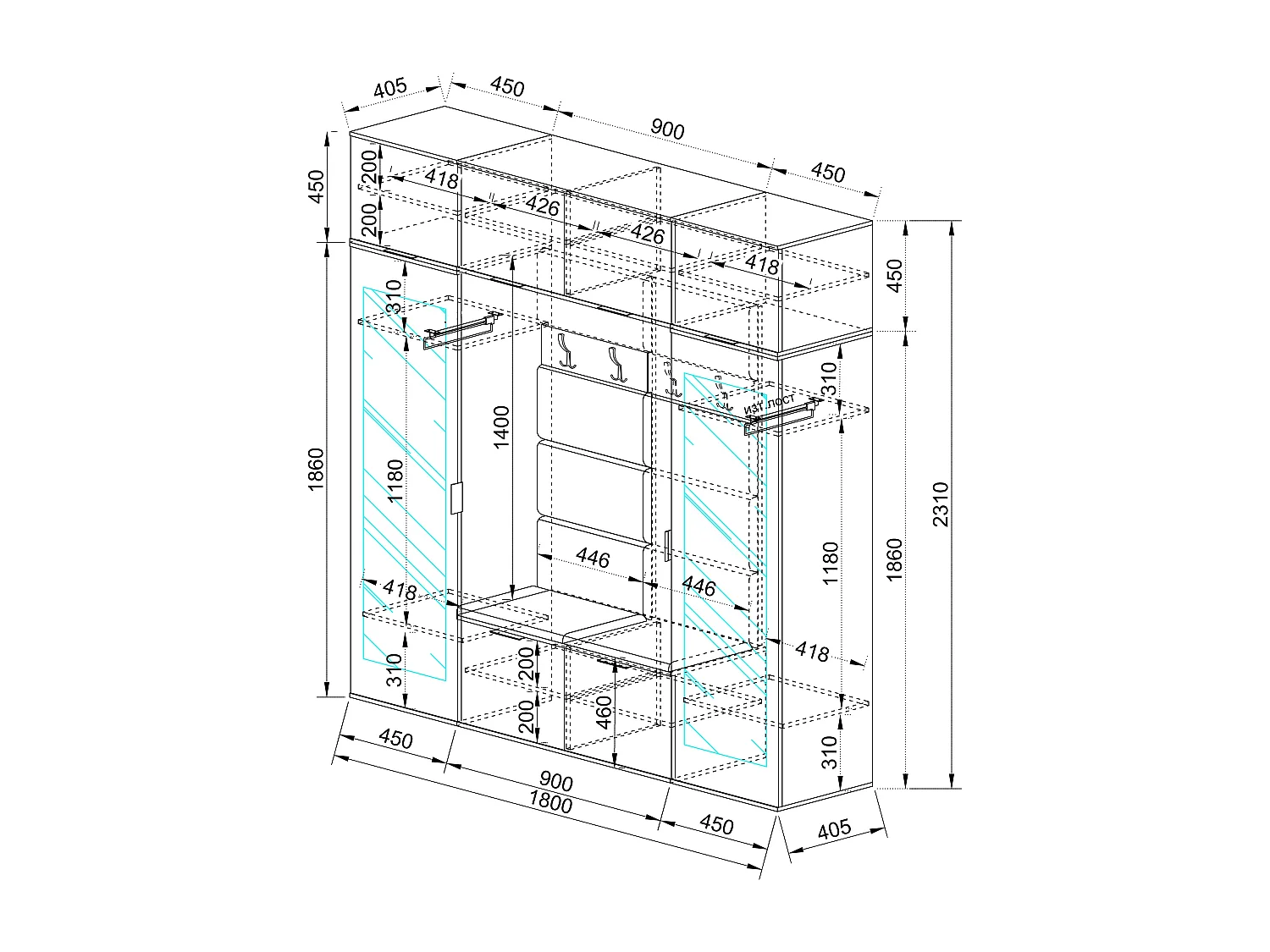 Mobile per ingresso moderno con specchi 180x23 antracite e rovere II17