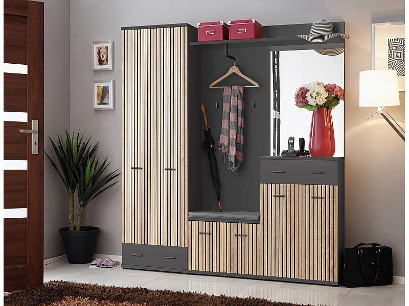 Mobile da ingresso armadio spazioso con cuscino 180x203 antracite, rovere e stampa a strisce nere IP23