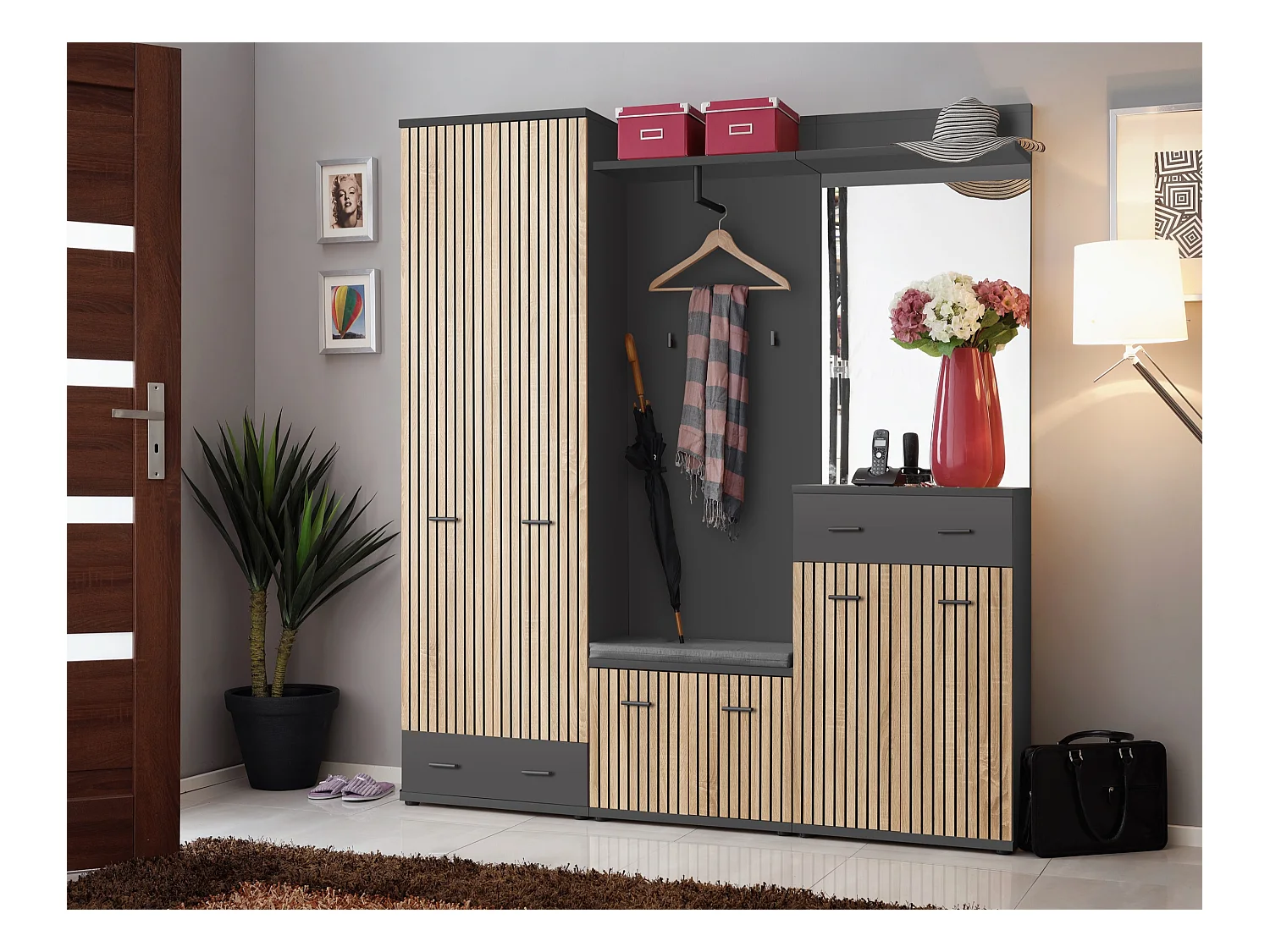 Mobile da ingresso armadio spazioso con cuscino 180x203 antracite, rovere e stampa a strisce nere IP23