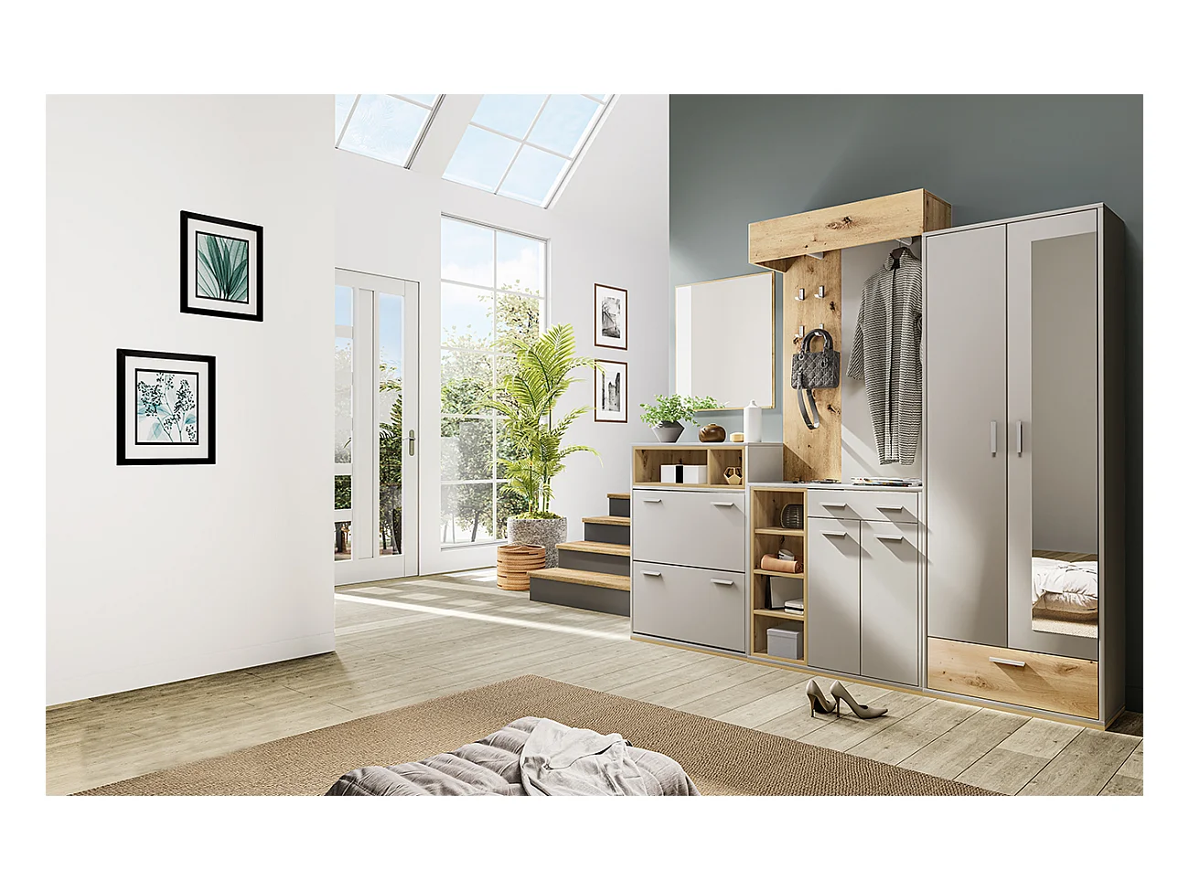 Mobile da ingresso componibile set completo 210x183 grigio e rovere II15