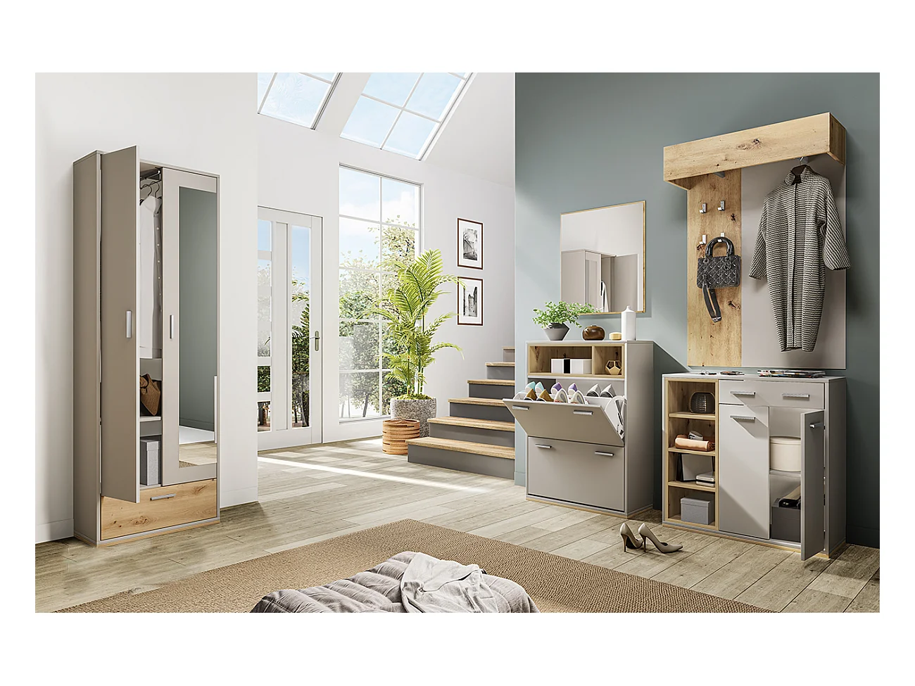 Mobile da ingresso componibile set completo 210x183 grigio e rovere II15