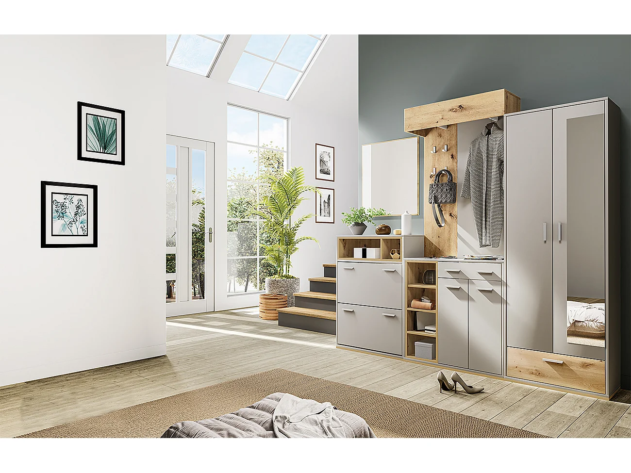 Mobile da ingresso componibile set completo 210x183 grigio e rovere II15