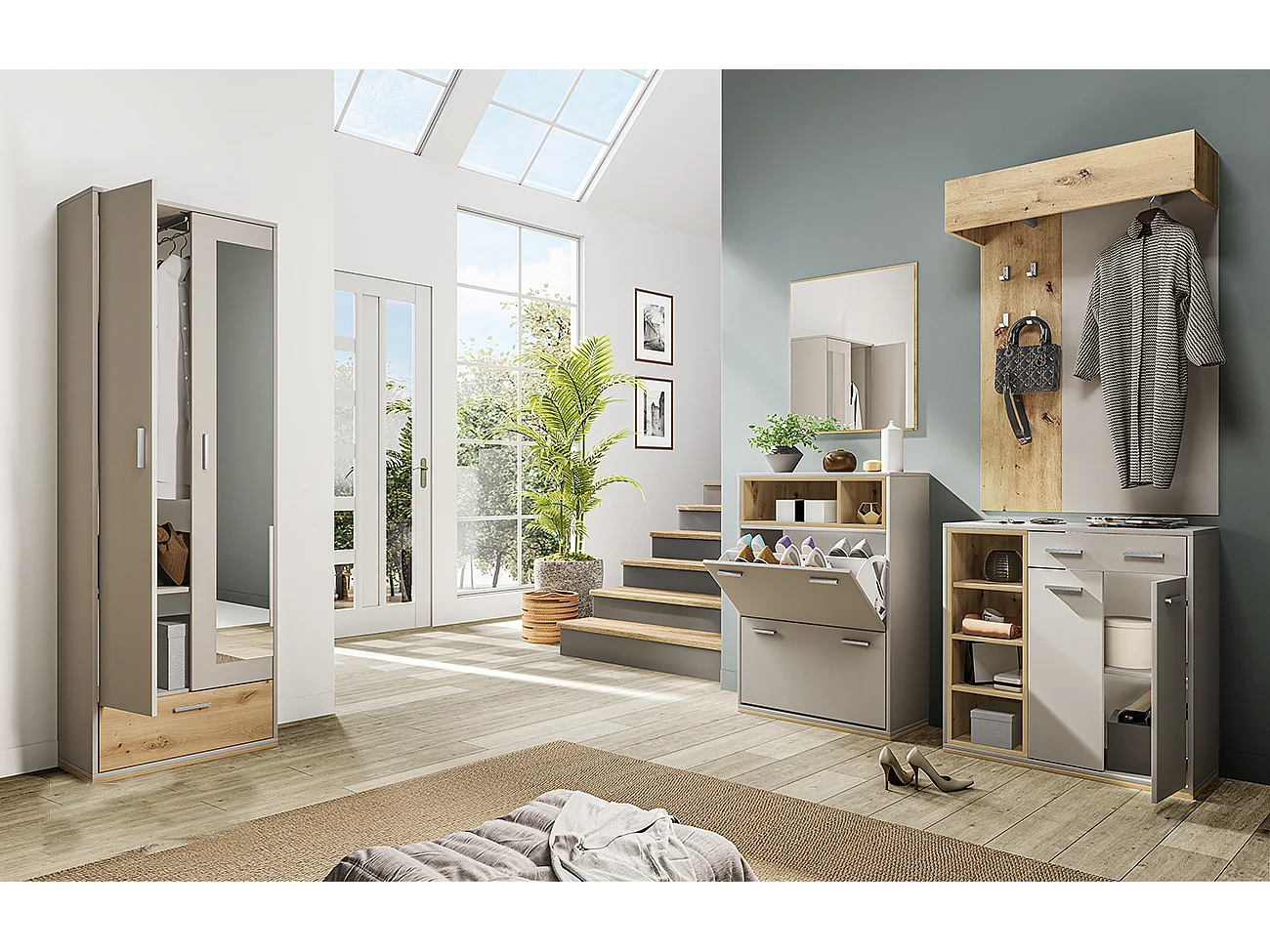 Mobile da ingresso componibile set completo 210x183 grigio e rovere II15