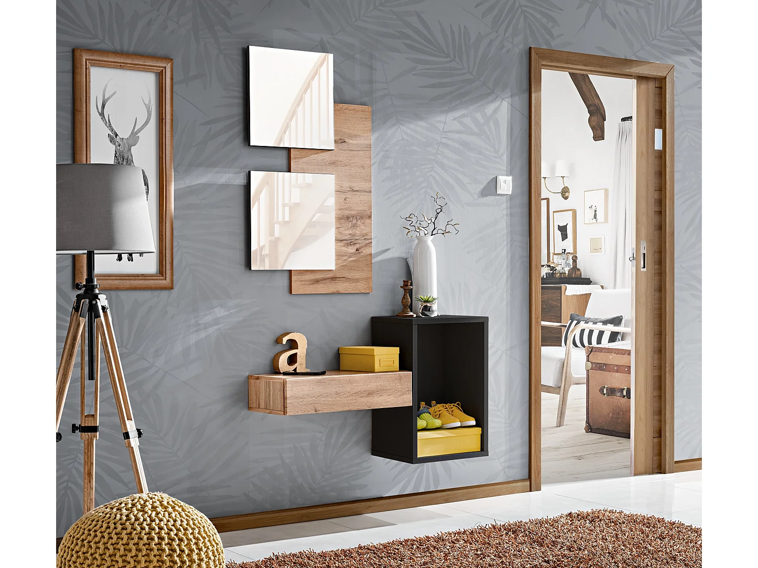 Mobile da ingresso 100x170cm sospeso design moderno rovere e nero IP1