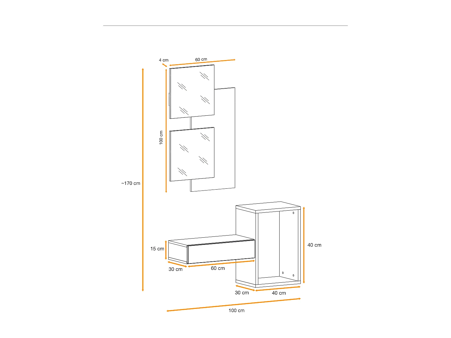 Mobile da ingresso 100x170cm sospeso design moderno rovere e nero IP1