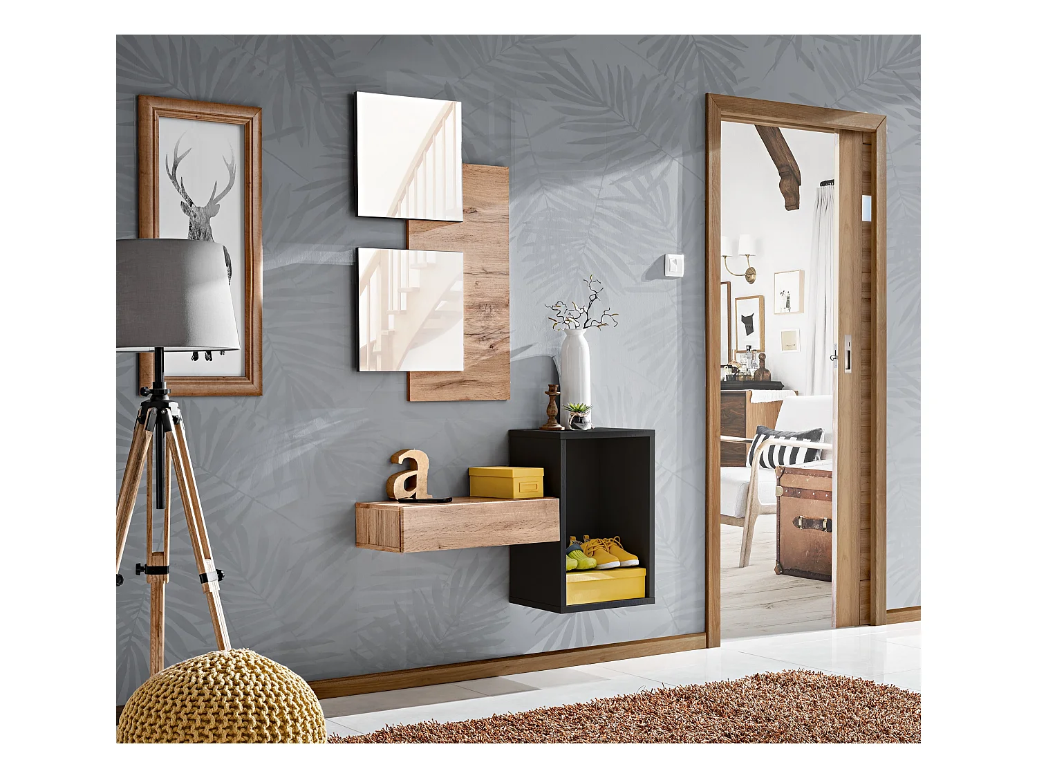 Mobile da ingresso 100x170cm sospeso design moderno rovere e nero IP1