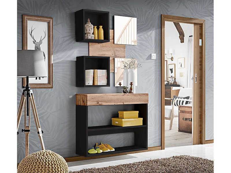 Mobile ingresso 100x190cm sospeso con pensili a giorno e specchi design moderno rovere e nero IP4