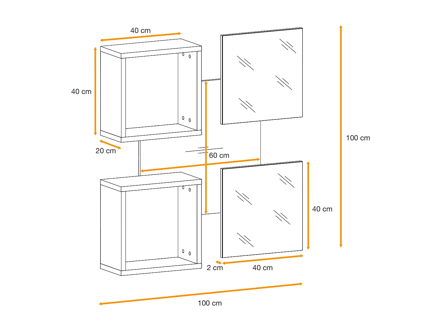Mobile ingresso 100x190cm sospeso con pensili a giorno e specchi design moderno rovere e nero IP4