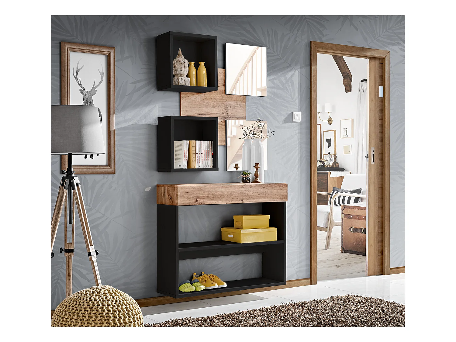 Mobile ingresso 100x190cm sospeso con pensili a giorno e specchi design moderno rovere e nero IP4