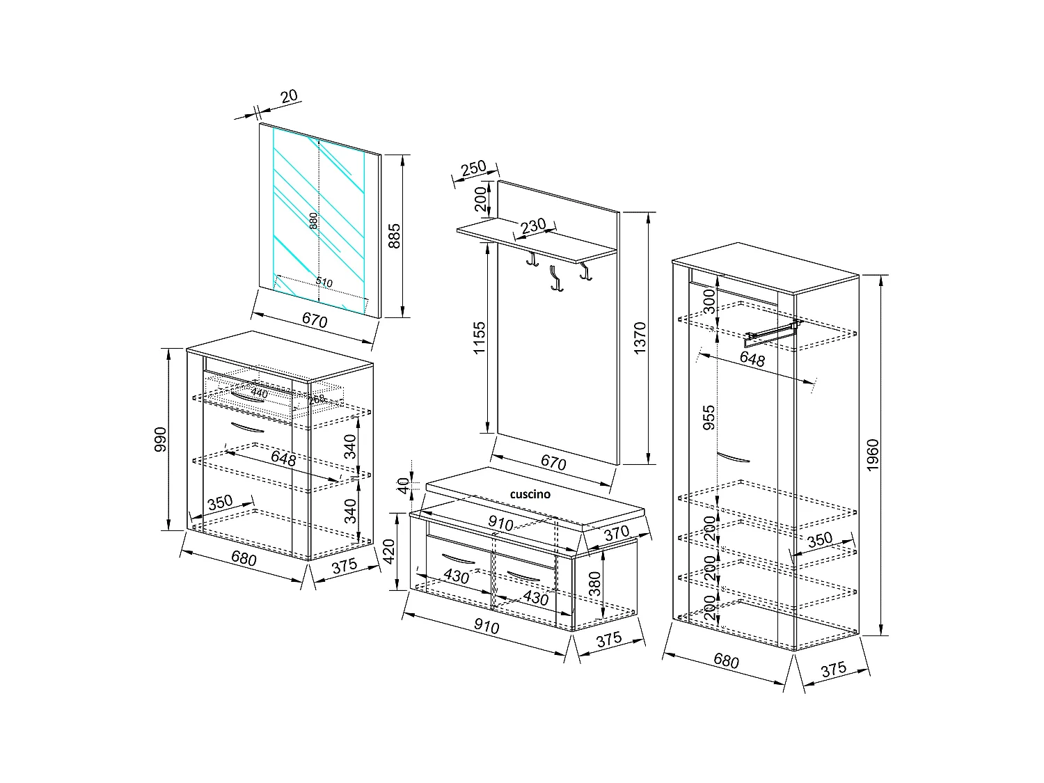 Mobile ingresso componibile effetto legno 230x196 legno chiaro e rovere II14