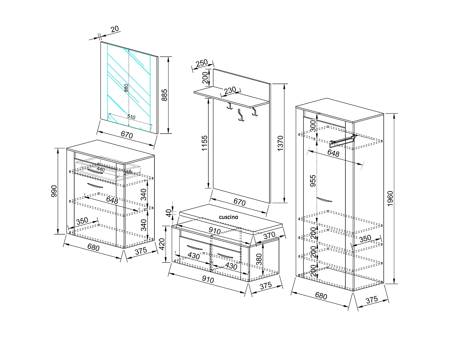 Mobile ingresso componibile effetto legno 230x196 legno chiaro e rovere II14