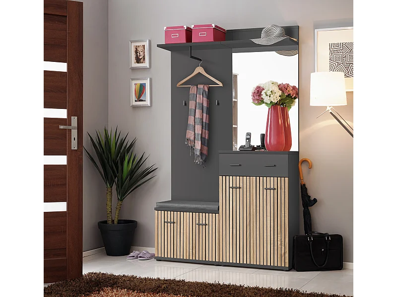 Mobile per ingresso guardaroba moderno con cuscino 120x203 antracite, rovere e stampa a strisce nere IP22