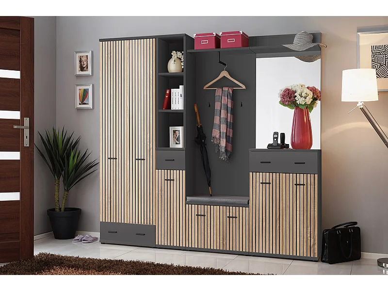 Mobile da ingresso con guardaroba con cuscino 210x203 antracite, rovere e stampa a strisce nere IP24