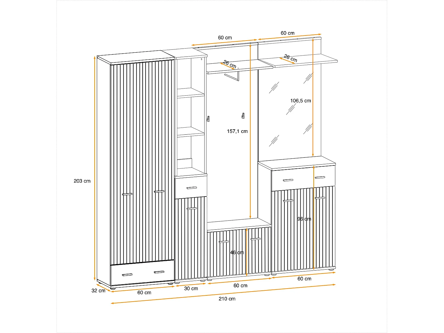 Mobile da ingresso con guardaroba con cuscino 210x203 antracite, rovere e stampa a strisce nere IP24