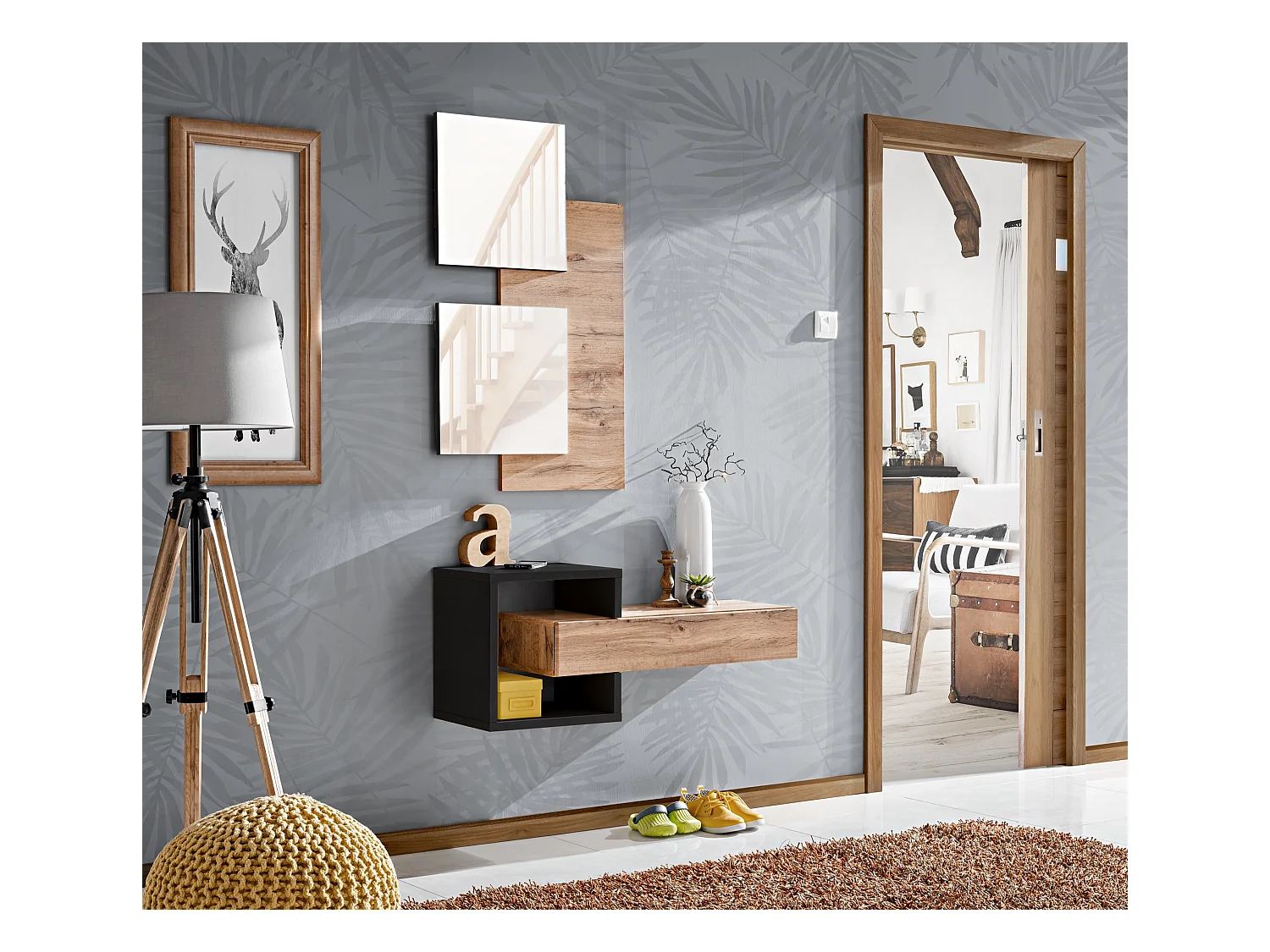 Mobile ingresso 100x160cm sospeso con specchi design moderno rovere e nero IP2