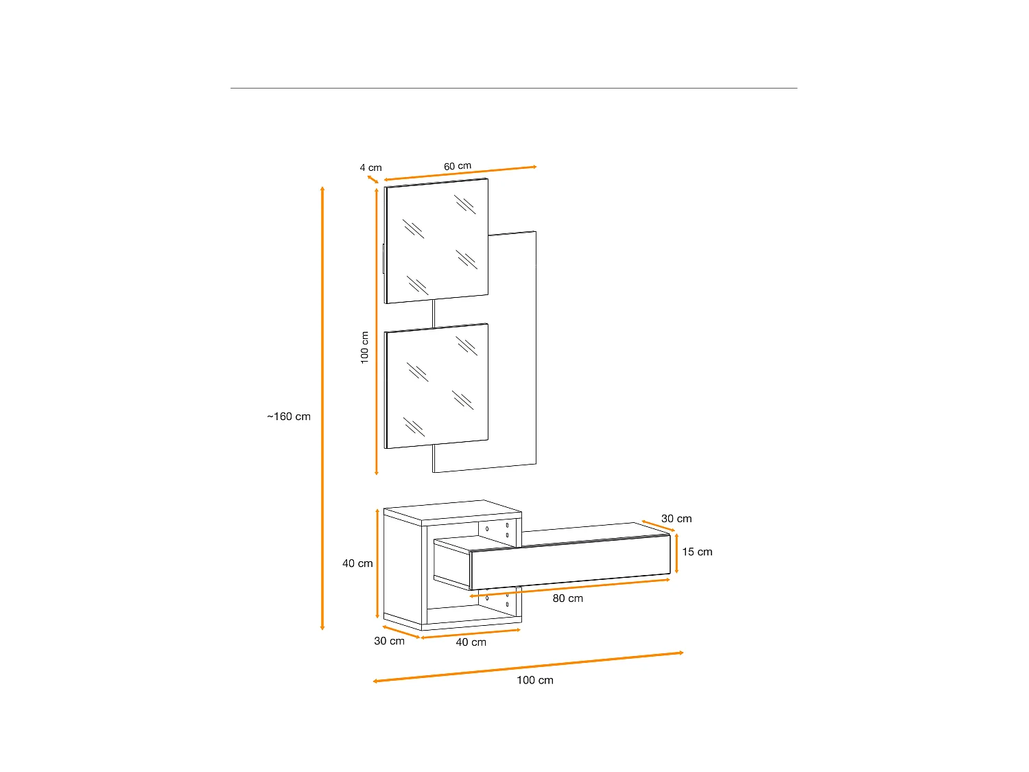 Mobile ingresso 100x160cm sospeso con specchi design moderno rovere e nero IP2