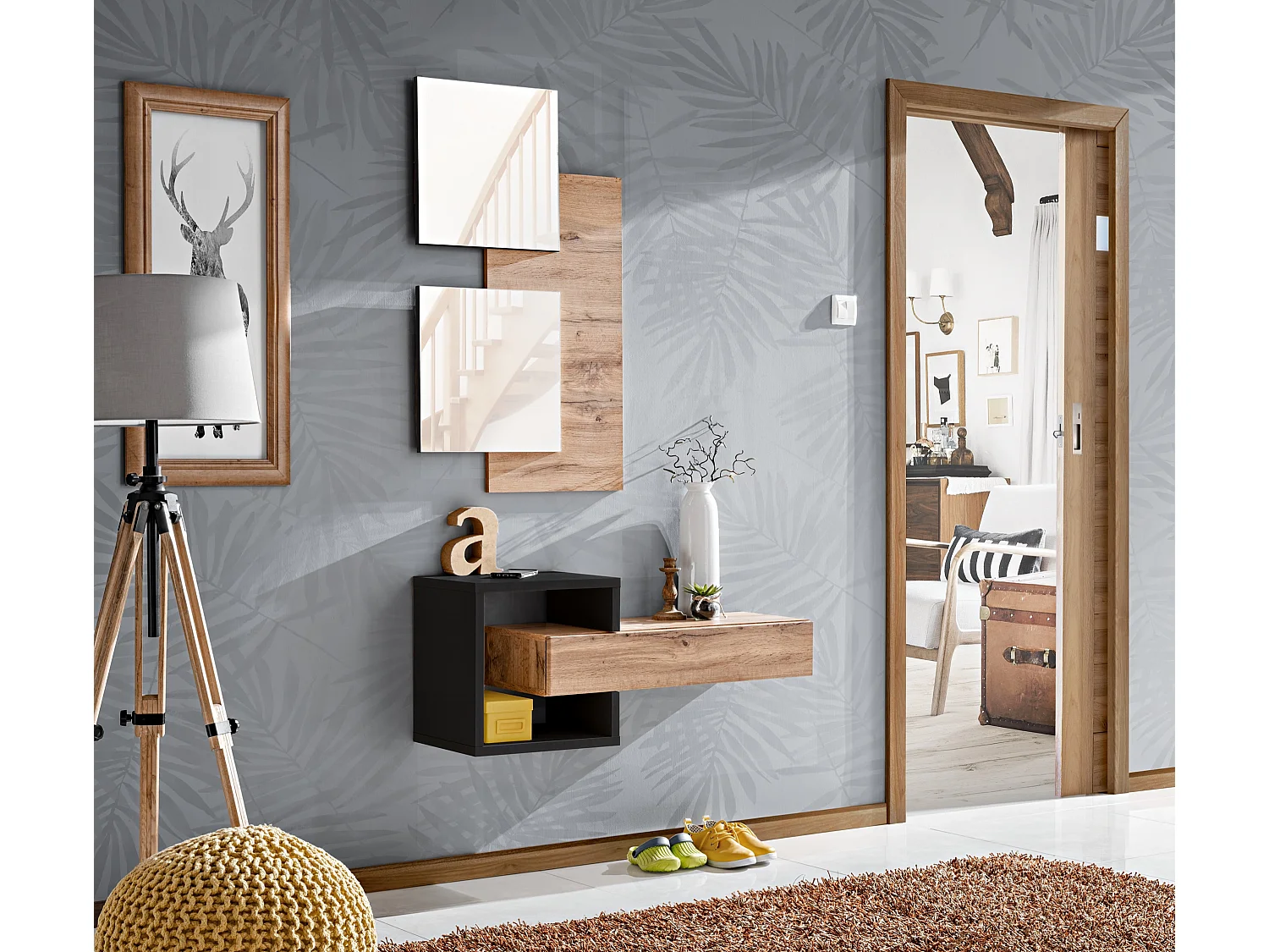 Mobile ingresso 100x160cm sospeso con specchi design moderno rovere e nero IP2