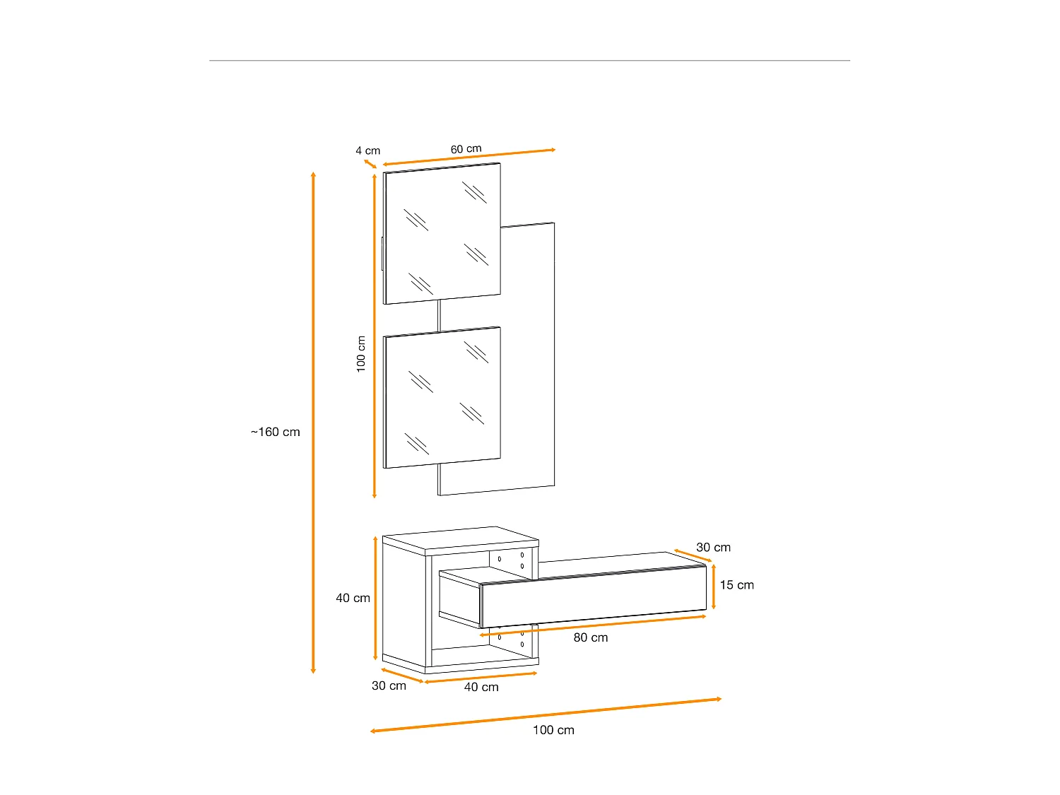 Mobile ingresso 100x160cm sospeso con specchi design moderno rovere e nero IP2