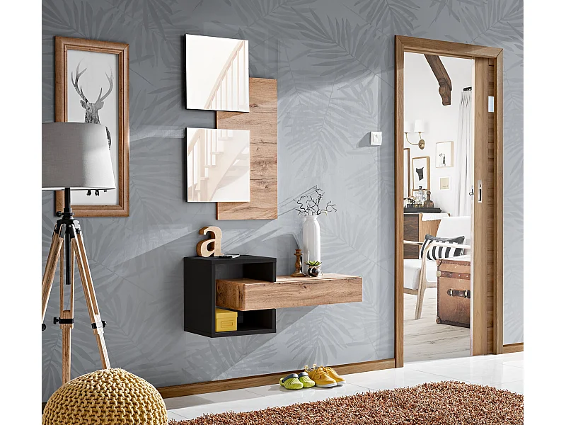 Mobile ingresso 100x160cm sospeso con specchi design moderno rovere e nero IP2