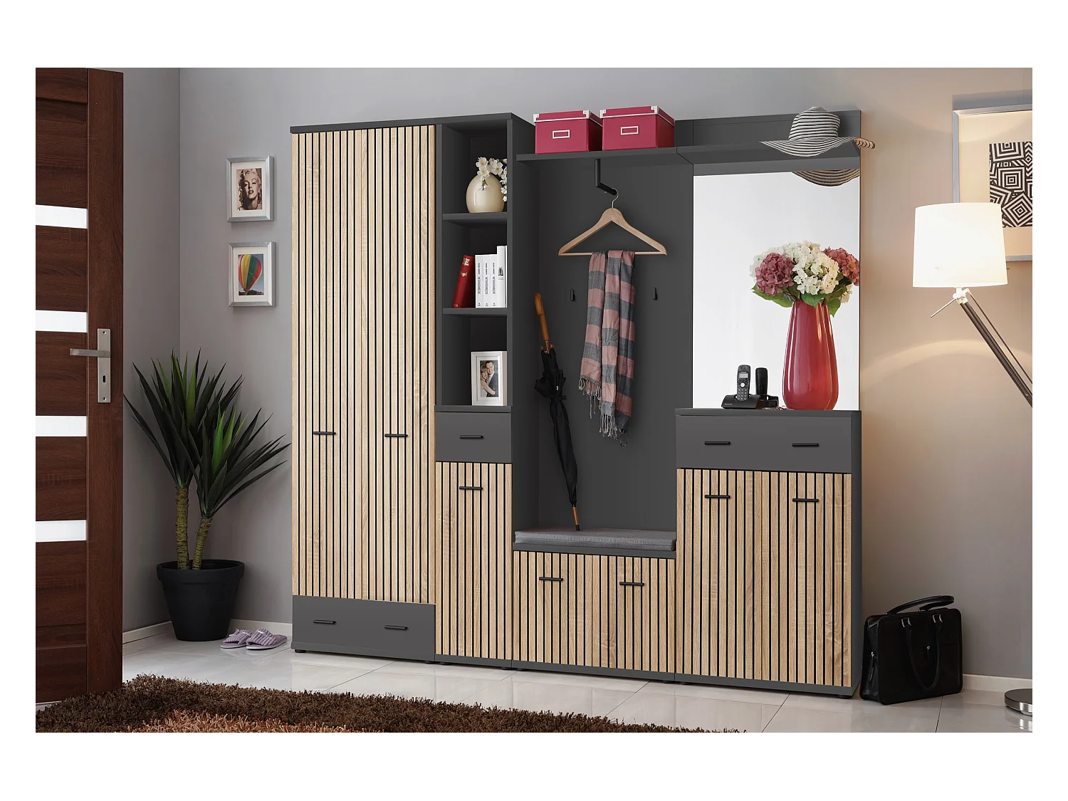 Mobile da ingresso con guardaroba 210x203 antracite, rovere e stampa a strisce nere IP24