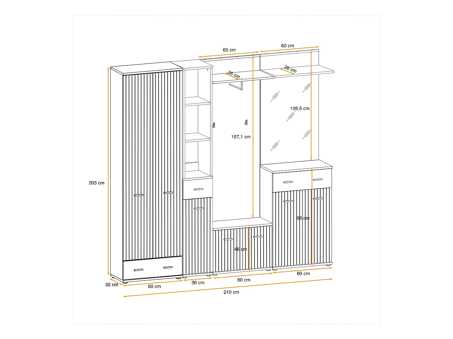 Mobile da ingresso con guardaroba 210x203 antracite, rovere e stampa a strisce nere IP24