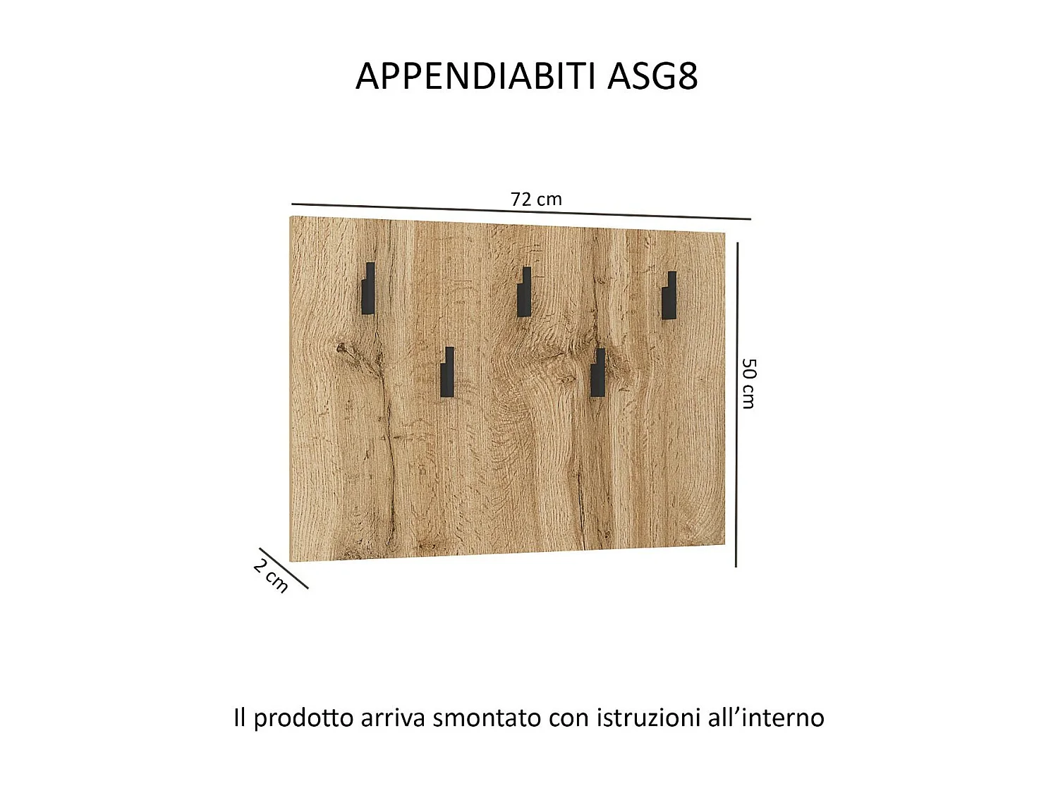 Attaccapanni a parete con 5 ganci 72x50 cm in rovere naturale ASG8