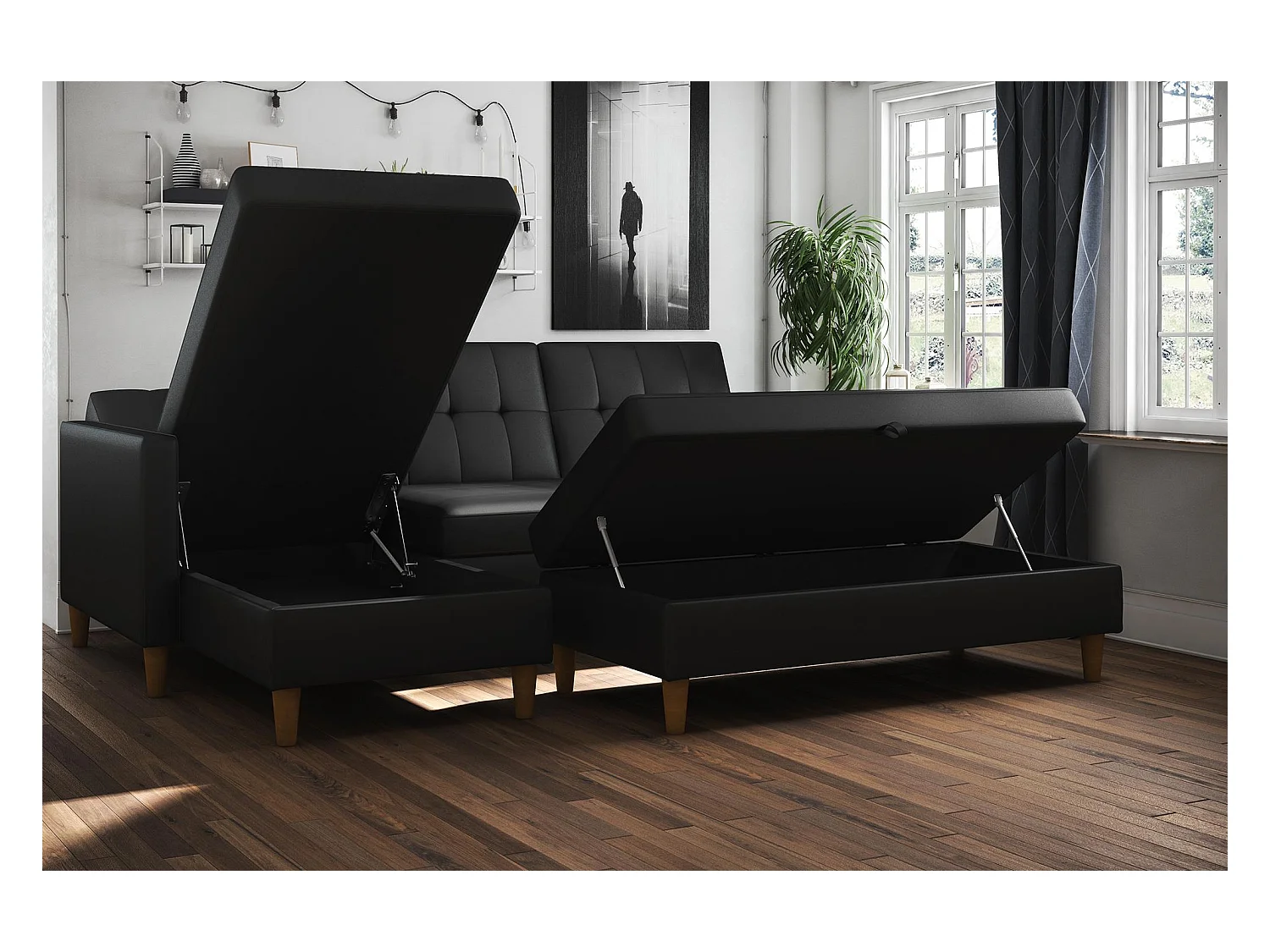 Otomana con almacenaje en polipiel negra