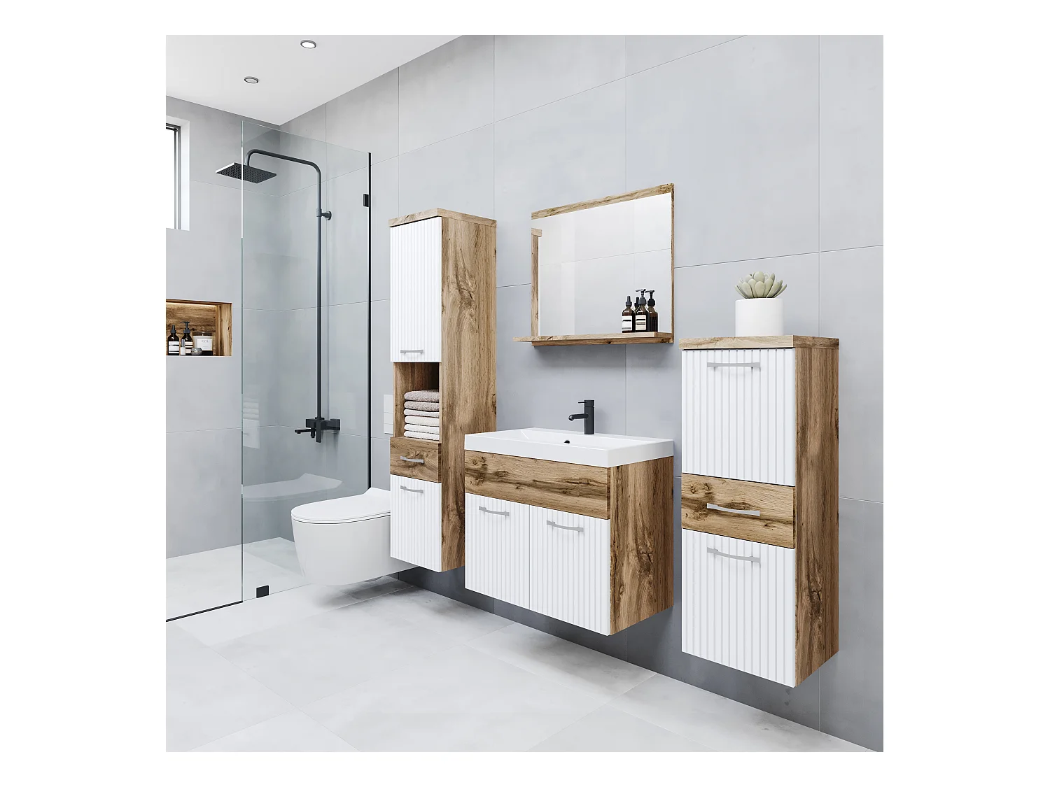 MINIO go for it, Meuble de salle de bain ALBECK coloris chêne wotan / blanc MDF design M5