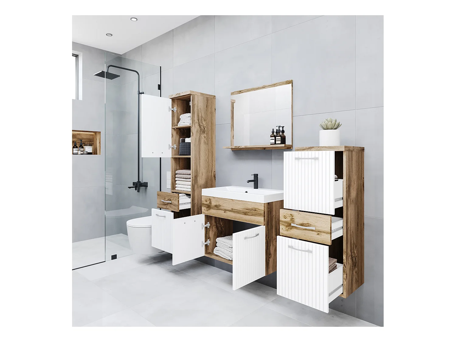 MINIO go for it, Meuble de salle de bain ALBECK coloris chêne wotan / blanc MDF design M5