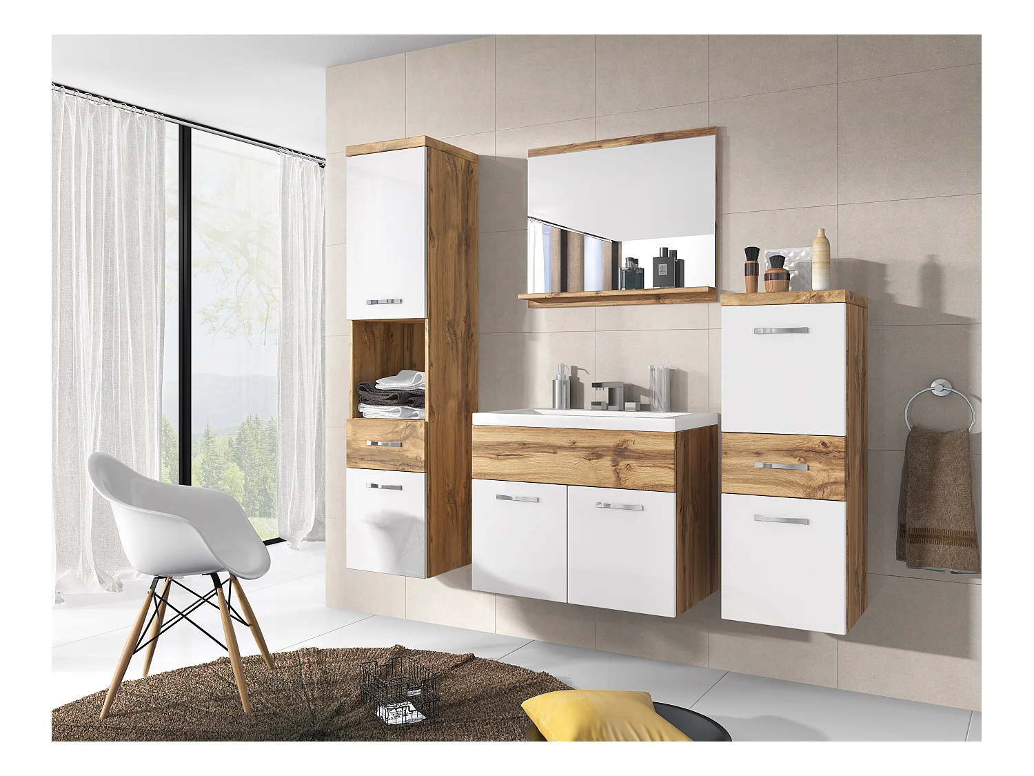 MINIO go for it, Meuble de salle de bain ALBECK en couleur chêne wotan / blanc brillant