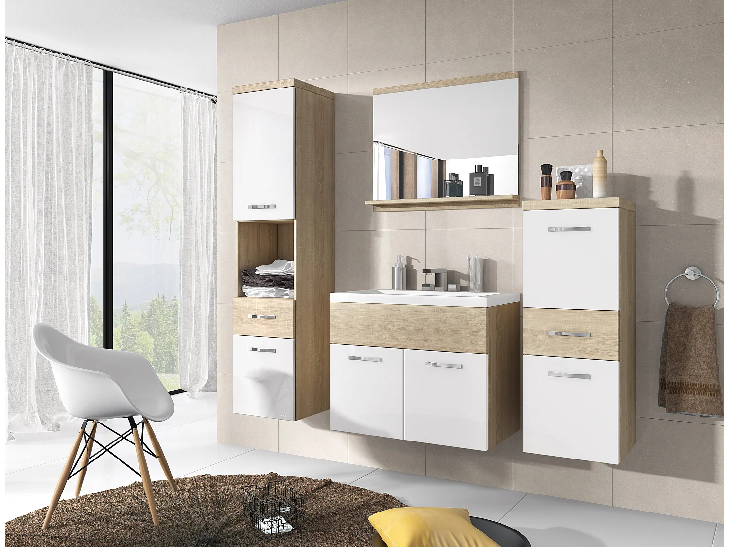 MINIO go for it, Meble łazienkowe ALBECK w kolorze dąb sonoma / biały połysk